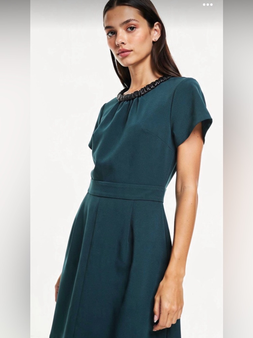 Maje Paris Teal Dress Size 3 (US 6-8) soft Brown Leather Ruched Neck Fit & Flare
